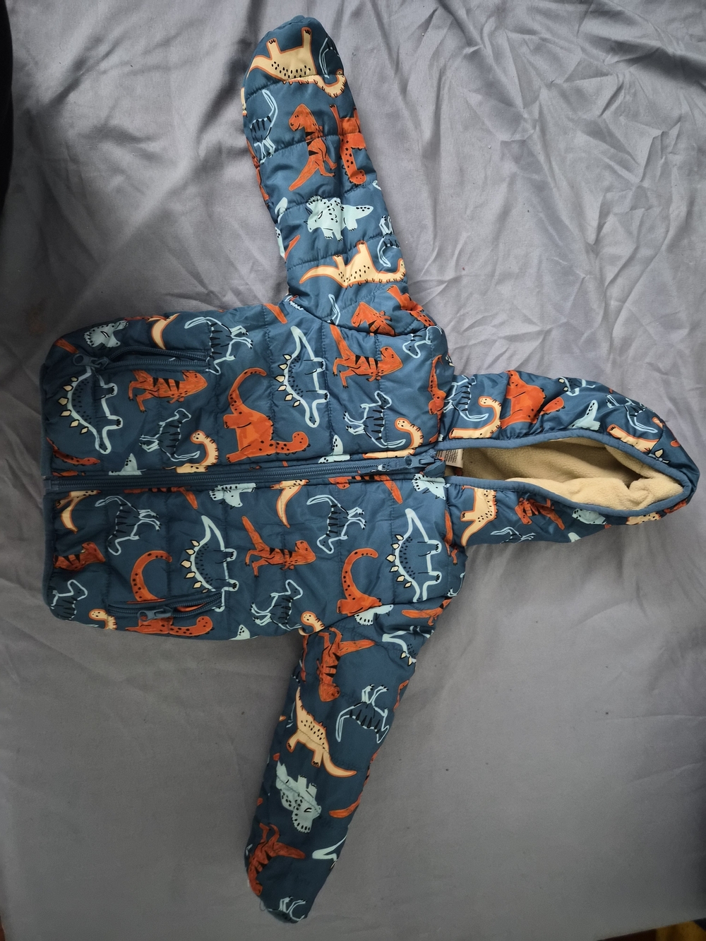 Cozy Toddler Hooded Puffer Jacket with Dinosaur Print - Blue/Orange